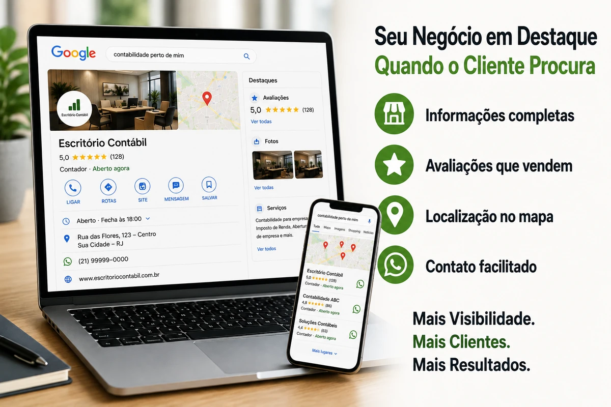 Perfil da Empresa no Google destacando informações, avaliações, localização e contato